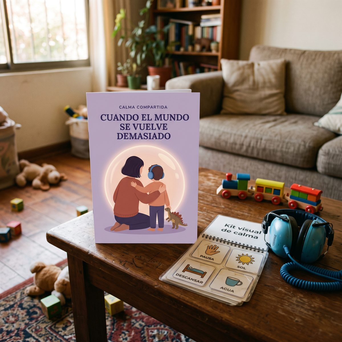 Guía impresa Cuando el mundo se vuelve demasiado junto al kit visual de tarjetas y unos audífonos de niño